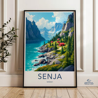 Norway Travel Poster, Senja Scenic Wall Art, Norwegian Nature Print, Red Cabin Mountain Scene, Coastal Landscape Decor, Home Wall Art