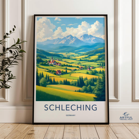 Schleching Germany wall art, mountain village poster, idyllic landscape painting print, scenic German countryside decor