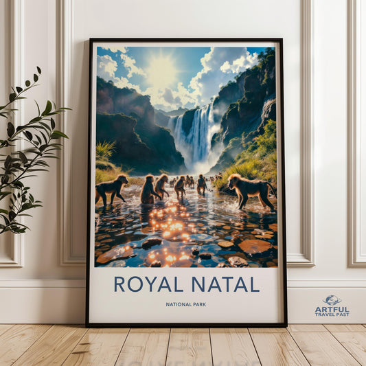 Scenic Waterfall Wall Art, Royal Natal National Park Print, Monkey Group Nature Photography, Sunlit Forest Poster, Wildlife Landscape