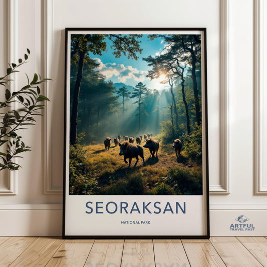 Seoraksan National Park Wall Art, Nature Landscape Print, Wild Boar Scene, Sunbeam Forest Decor, Korean National Park Poster