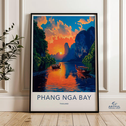 Phang Nga Bay Thailand Wall Art, Scenic Sunset Printable, Travel Poster, Tropical Landscape Decor, Vibrant Coastal Artwork, Boat Scene Print