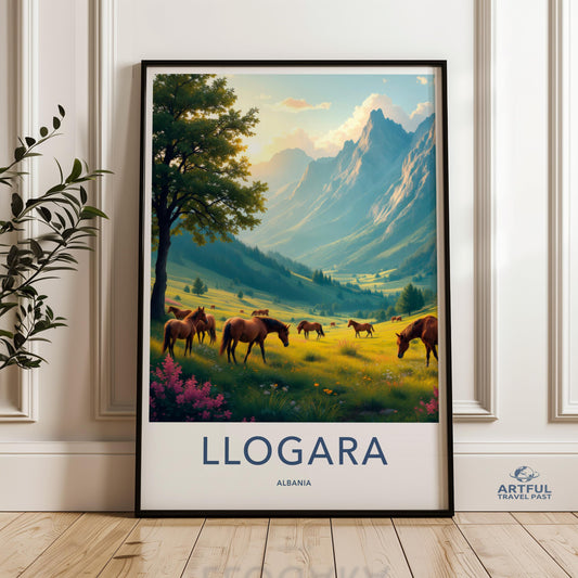 Llogara Albania landscape print, horse decor mountain wall art, scenic nature photo poster, travel photography, gift for hikers