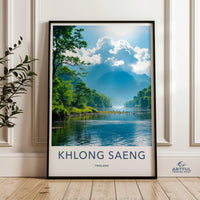 Khlong Saeng nature landscape wall art, Thailand scenic view print, serene water and forest decor, tranquil mountains photo art