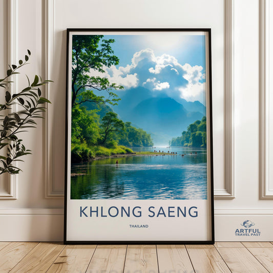 Khlong Saeng nature landscape wall art, Thailand scenic view print, serene water and forest decor, tranquil mountains photo art