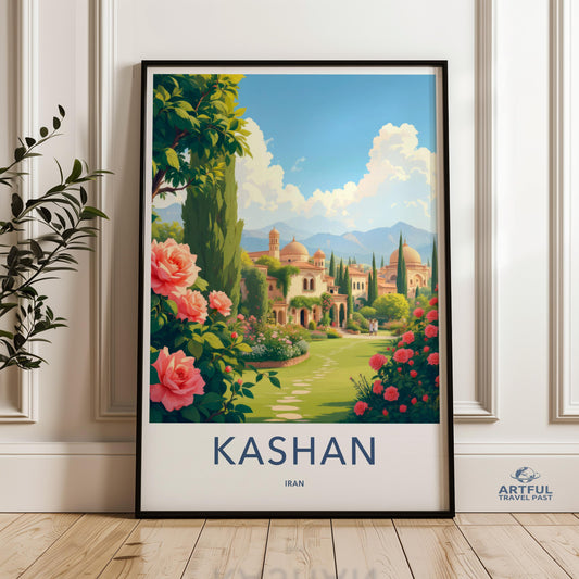 Landscape Wall Art Print with Beautiful Garden Scene, Kashan City Artwork, Iran Travel Poster, Vintage Style Home Decor