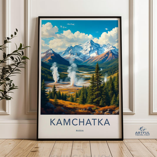 Kamchatka Wall Art Print, Russia Travel Poster, Nature Landscape Decor, Mountain Valley Illustration, Home or Office Decor