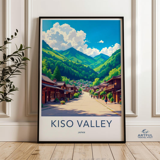 Kiso Valley Japan wall art, Beautiful Kiso Valley print, Modern landscape wall decor, Vibrant mountain village artwork, Scenic Japan poster