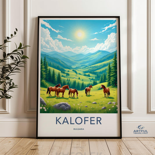 Scenic Bulgarian Landscape Wall Art, Green Hills and Horses Poster, Nature Artwork Print, Summer Day in Kalofer, Sunlit Mountain View