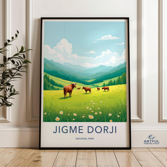 Jigme Dorji National Park Poster, Wall Art Print, Nature Landscape Art, Bhutan Scenic Decor, Cattle in Meadow, Green Valley Art