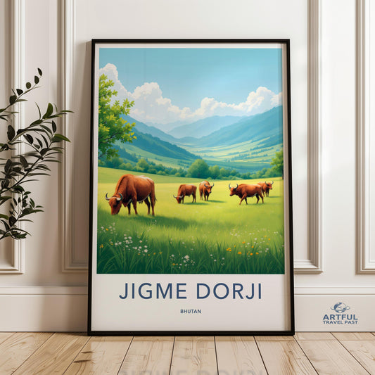 Bhutan landscape wall art, Jigme Dorji park print, mountain scenery poster, serene nature decor, peaceful meadow artwork