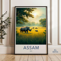 Rhino Nature Wall Art, Assam India Wildlife Poster, Serengeti Animals Print, Sunset Grassland Decor, Safari Landscape Artwork