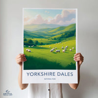 Yorkshire Dales National Park print, scenic landscape wall art, nature lover&#39;s decor, sheep pasture illustration, travel poster