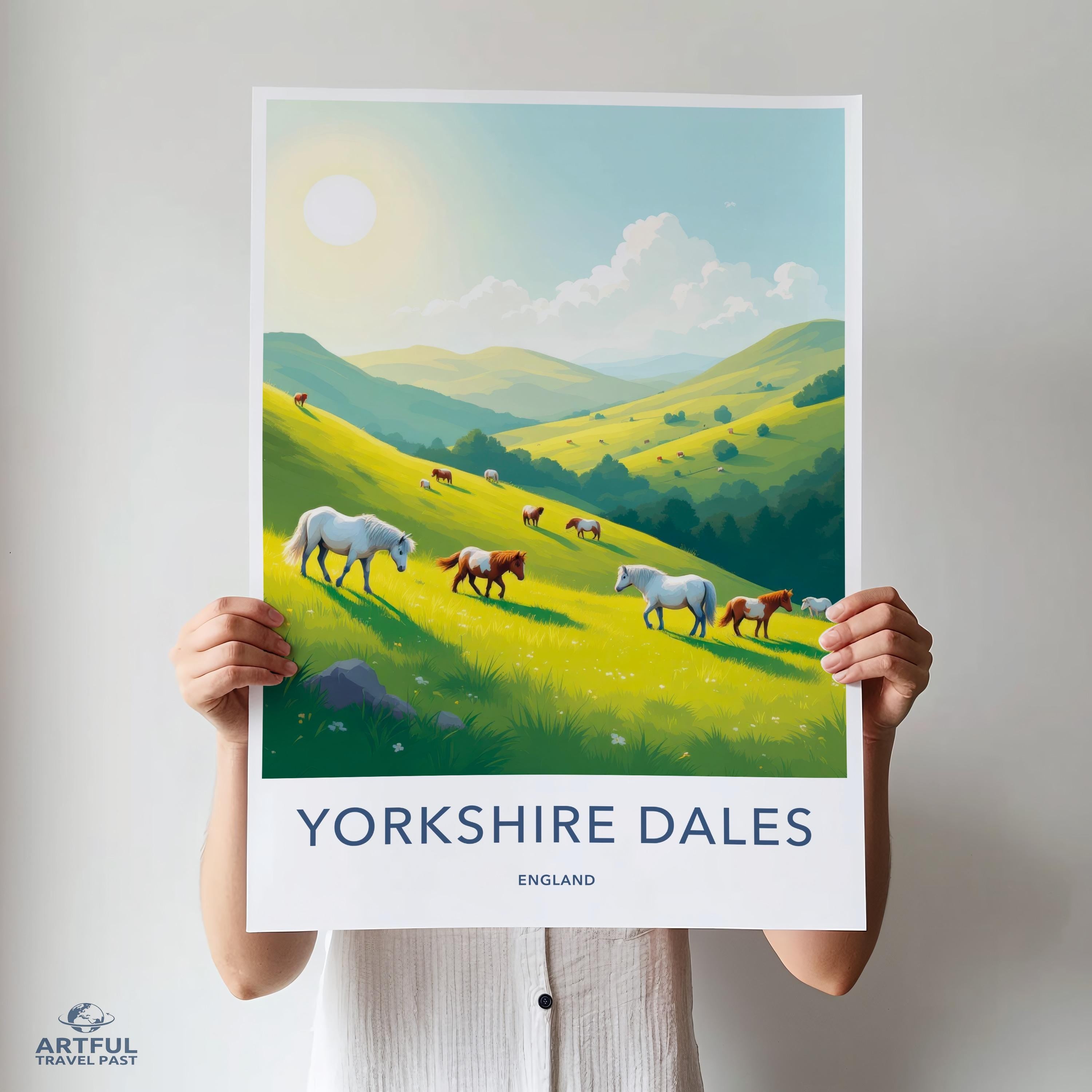 Yorkshire Dales England Art Print, Scenic Landscape Wall Art, Countryside Horses Decor, Travel Poster, Nature Inspired Artwork