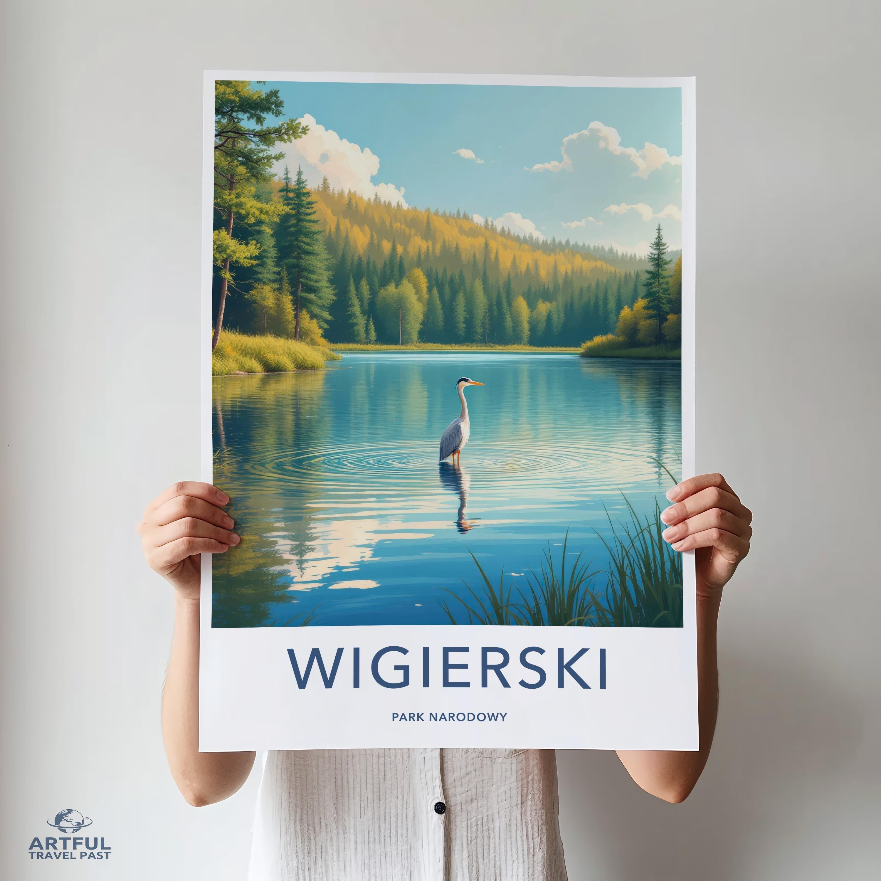 Serenity Lake Art Print, Nature Landscape Poster, Heron Scenic Wall Decor, Tranquil Water Artwork, Calm Forest Scene Painting