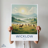Wicklow landscape print, Ireland travel poster, nature wall art, scenic countryside decor, pastoral illustration, deer scenery