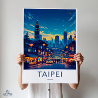 Taipei Taiwan Travel Poster Print, City Skyline Wall Art, Night Market Illustration, Colorful Home Decor, Modern Art Print