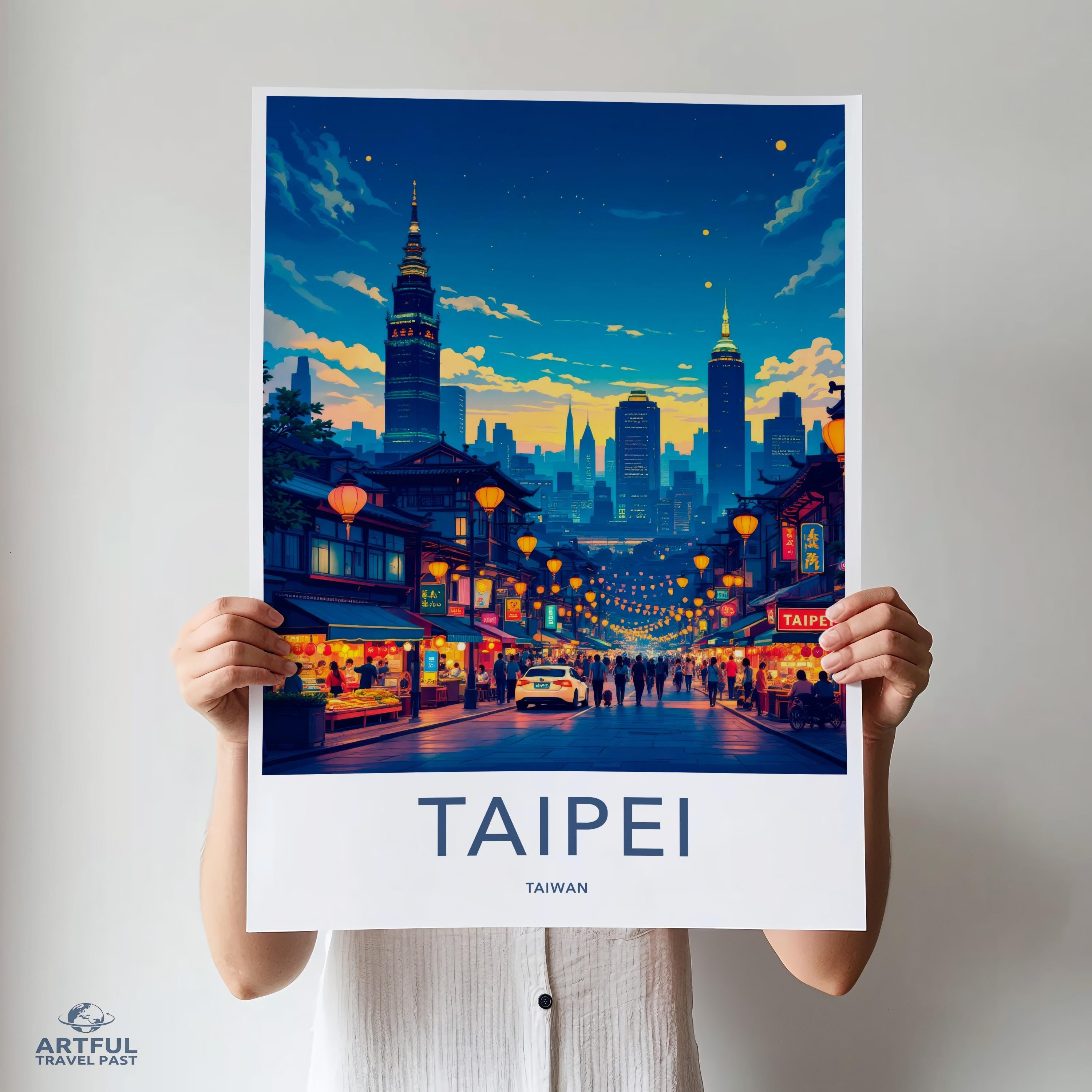 Taipei Taiwan Travel Poster Print, City Skyline Wall Art, Night Market Illustration, Colorful Home Decor, Modern Art Print