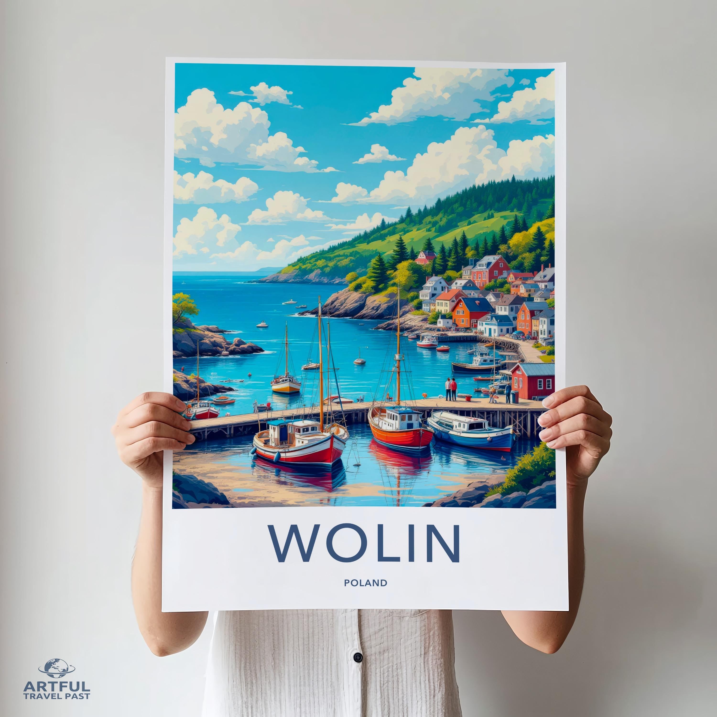 Wolin Poland Travel Poster, Coastal Town Print, Vintage Style Art, Nautical Decor, Scenic Seaside Artwork, Holiday Gift Idea