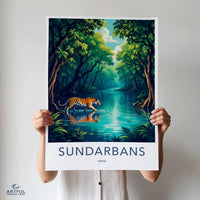 Sundarbans Wildlife Art Print, Tiger in Forest Wall Decor, Nature Poster, India Travel Art, Vibrant Landscape Illustration