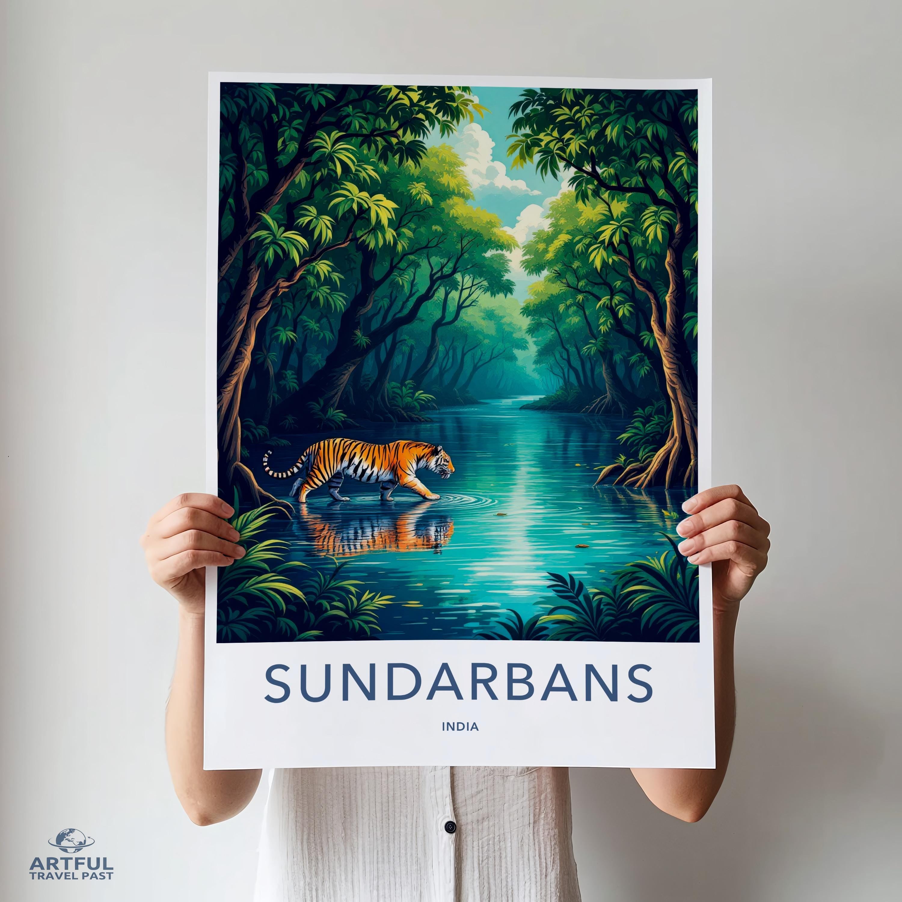 Sundarbans Wildlife Art Print, Tiger in Forest Wall Decor, Nature Poster, India Travel Art, Vibrant Landscape Illustration