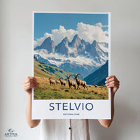 Stelvio National Park Print, Alpine Landscape Wall Art, Mountain Goat Poster, Nature Photography Art, Travel Decor, Adventure Gift