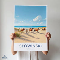 Słowiński National Park Poster, Horses on Beach Art Print, Scenic Coastal Wall Decor, Nature Landscape Illustration, Travel Poster