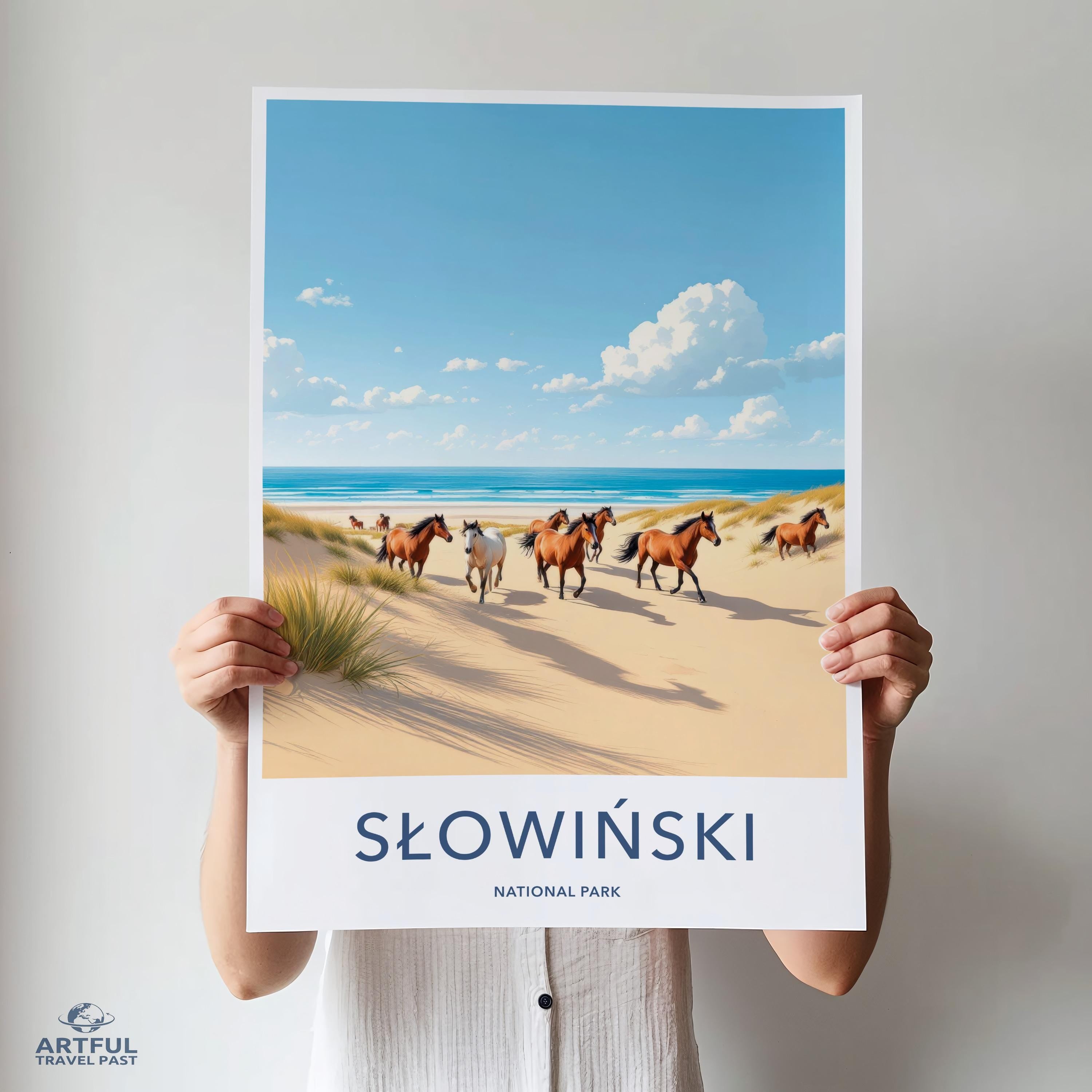 Słowiński National Park Poster, Horses on Beach Art Print, Scenic Coastal Wall Decor, Nature Landscape Illustration, Travel Poster