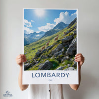 Lombardy Italy Travel Poster, Scenic Mountain Landscape Print, Alpine Nature Art, Wall Decor for Home or Office, Gift for Travelers