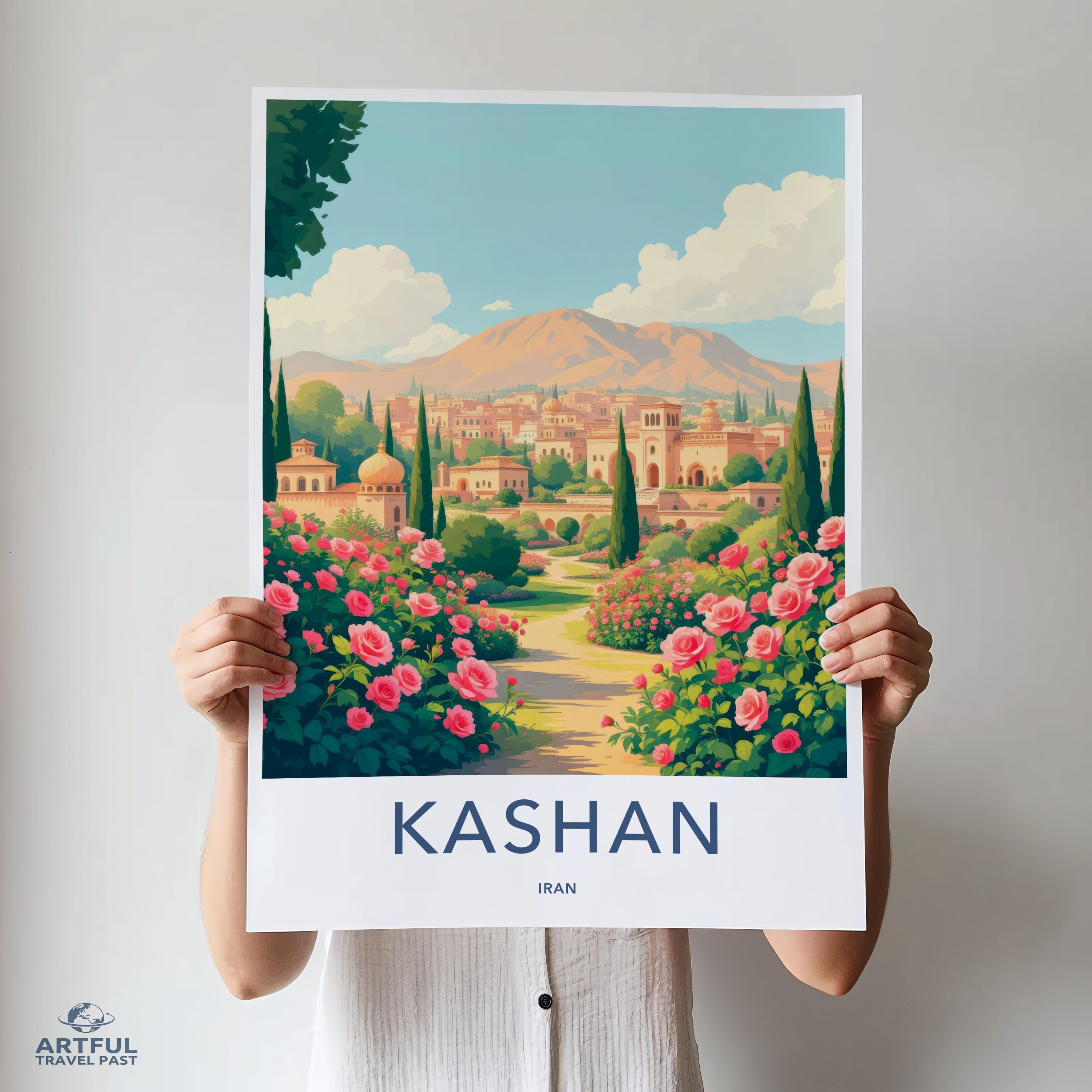 Kashan Iran travel poster, scenic landscape art, wall decor, retro travel print, vintage destination poster, colorful home decoration