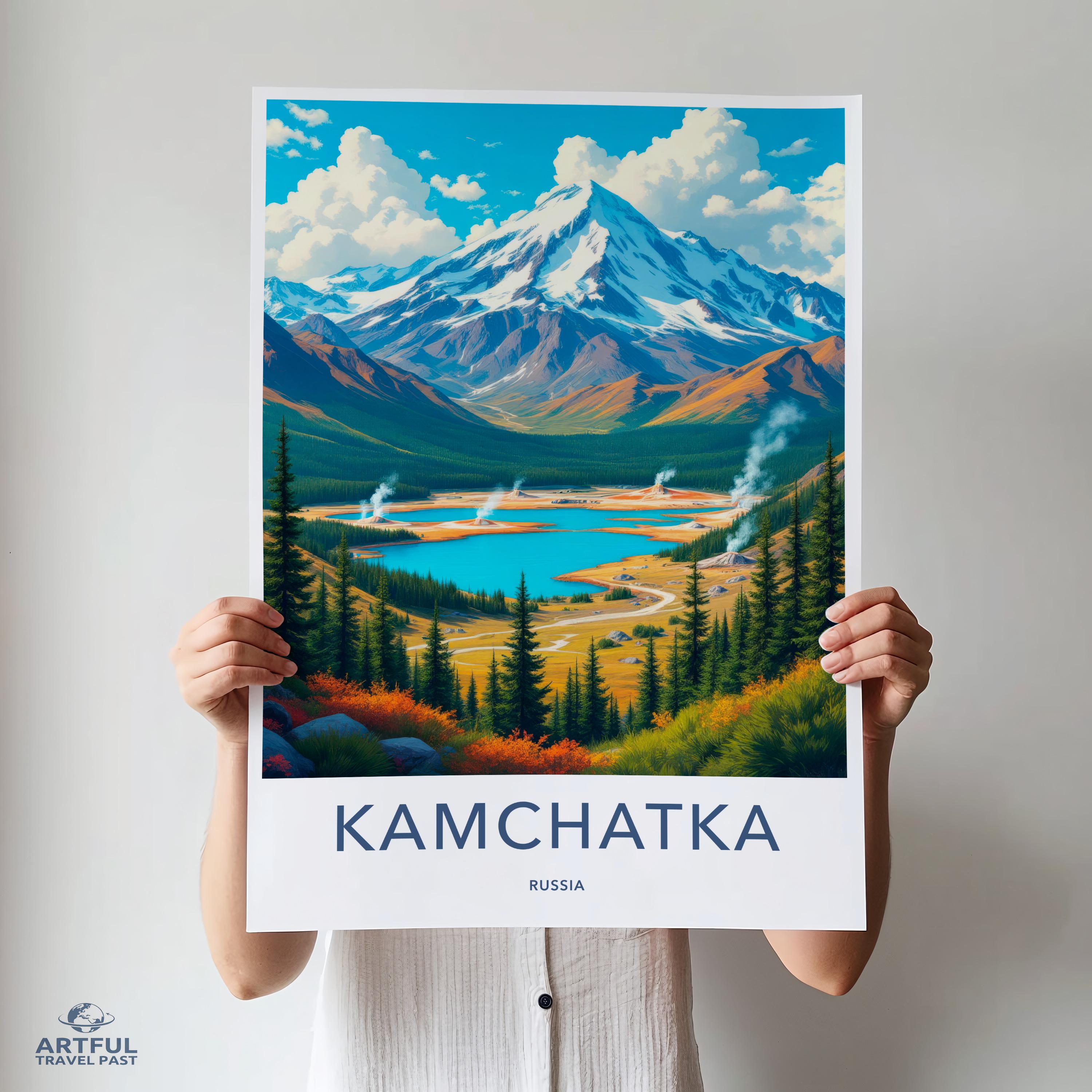 Kamchatka Russia Travel Poster, Scenic Wilderness Art Print, Adventure Wall Decor, Colorful Landscape Illustration