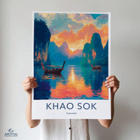 Khao Sok Thailand Wall Art, Travel Poster, Nature Print, Scenic Decor, Landscape Artwork, Tropical Sunset, Colorful Mountain Scene