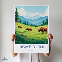 Bhutan travel poster, mountain landscape with cows, vibrant wall art, nature scenery print, colorful travel decor, scenic poster