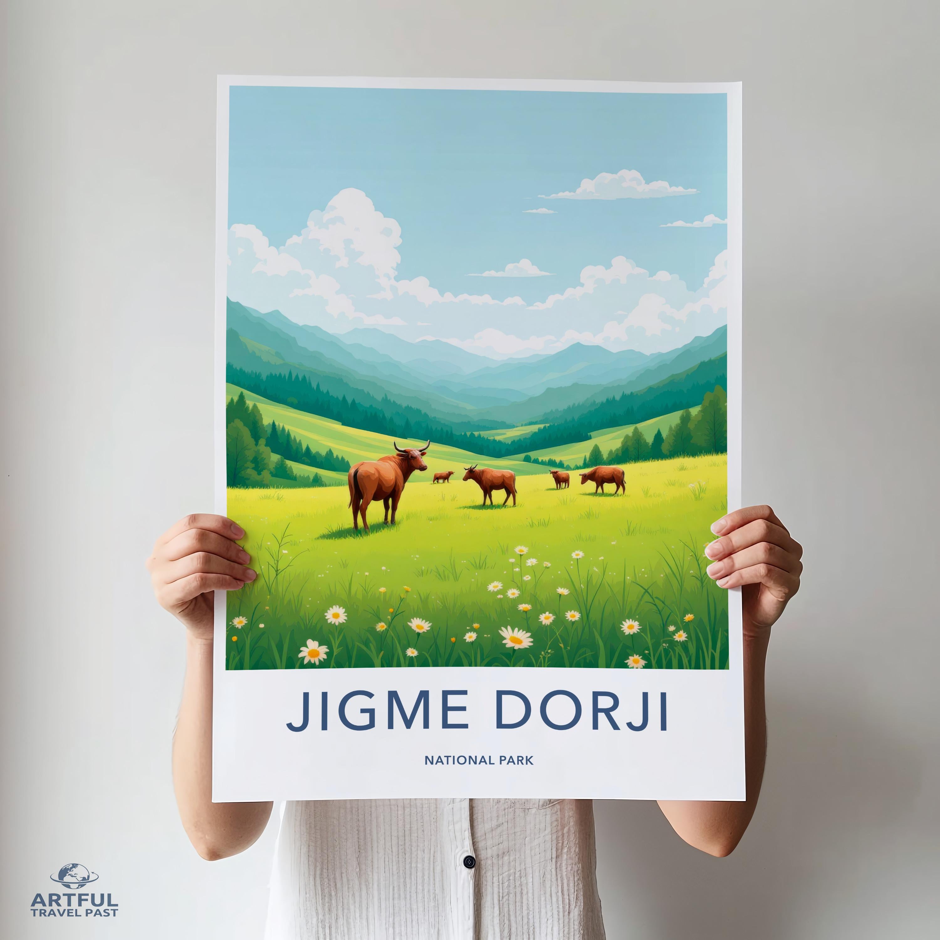 Jigme Dorji National Park Print, Colorful Landscape Art, Nature Poster, Mountain Scenery, Wall Decor, Travel Illustration