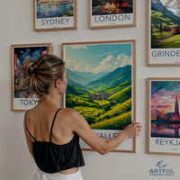 Scenic travel posters set, vibrant wall art collection, international cityscape prints, modern home decor, gallery wall art