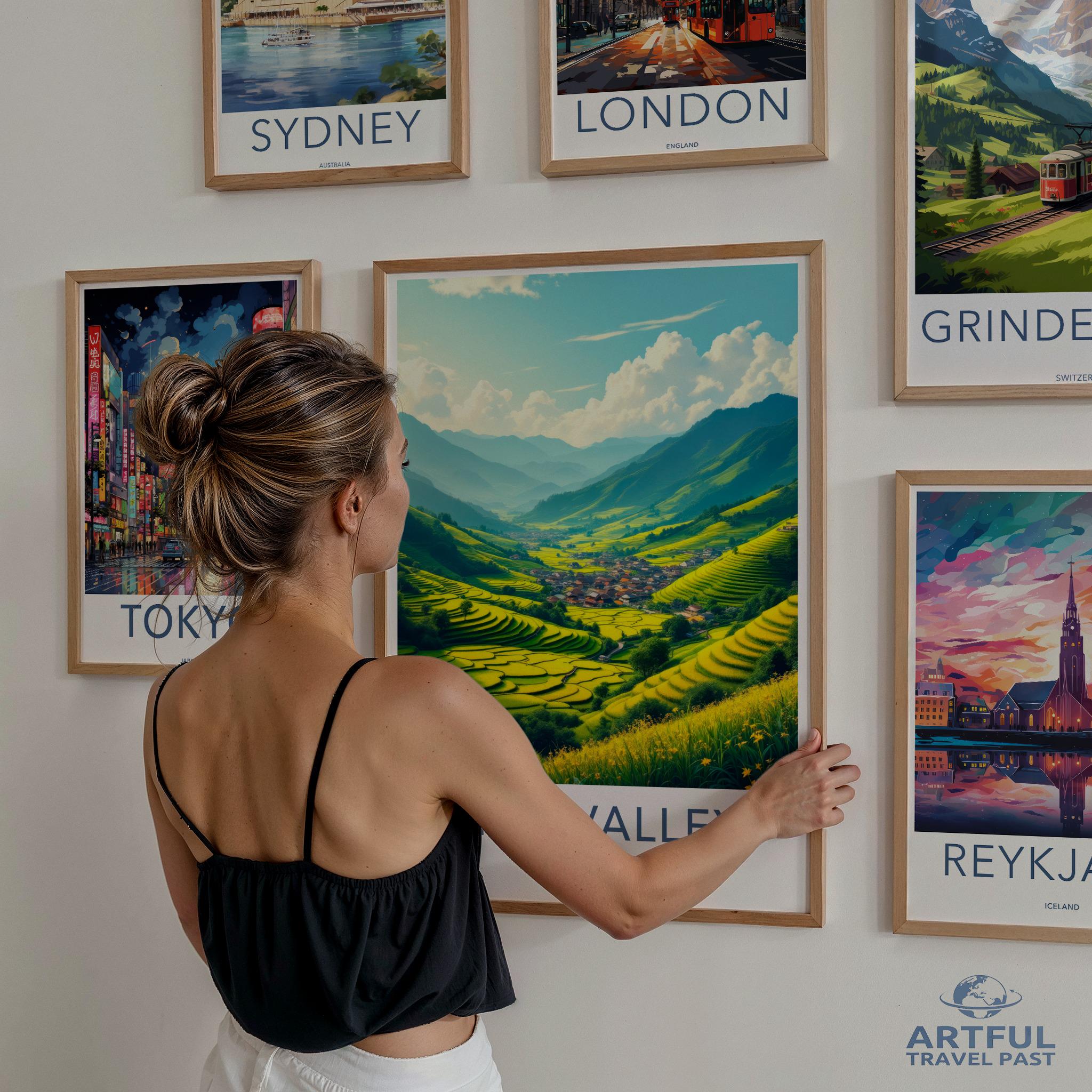 Scenic travel posters set, vibrant wall art collection, international cityscape prints, modern home decor, gallery wall art