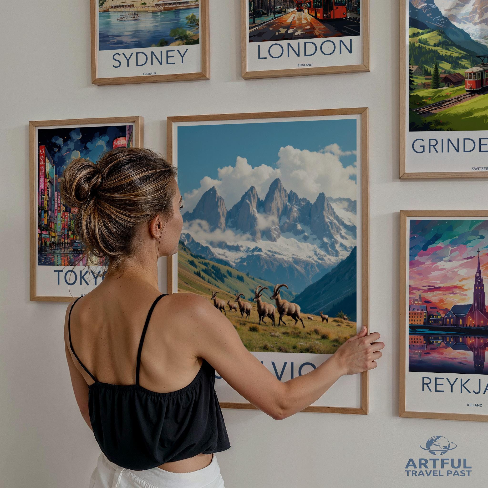 Vintage travel posters, wall art, city prints, Wanderlust decor, Tokyo Sydney London Grindelwald Reykjavik cityscape artwork