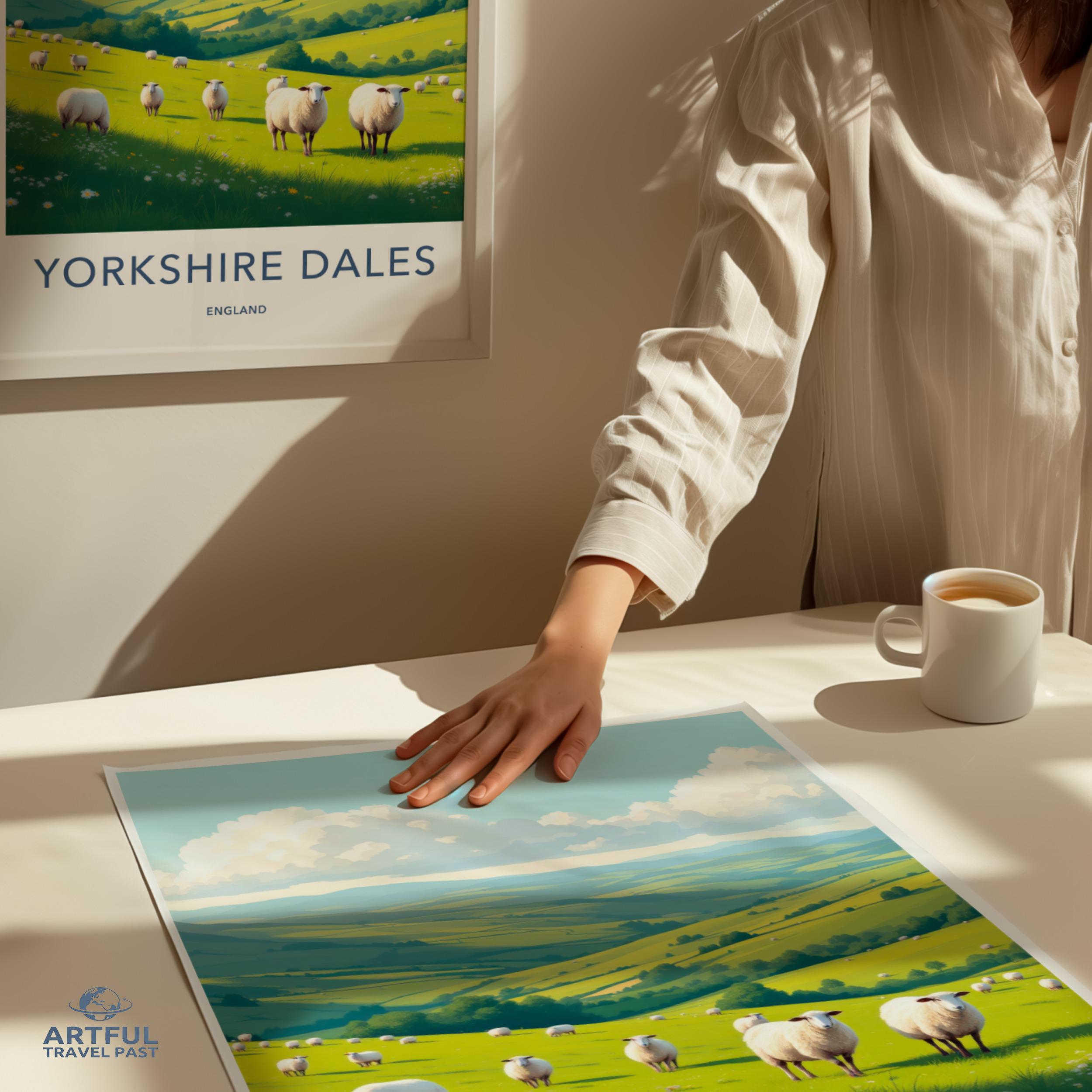 Yorkshire Dales England Travel Poster, Farmhouse Wall Art Decor, Countryside Landscape Print, Scenic Sheep Pasture Illustration