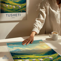Tusheti Georgia travel poster, scenic landscape art print, vibrant mountain pasture with sheep, wall decor, gift for travelers