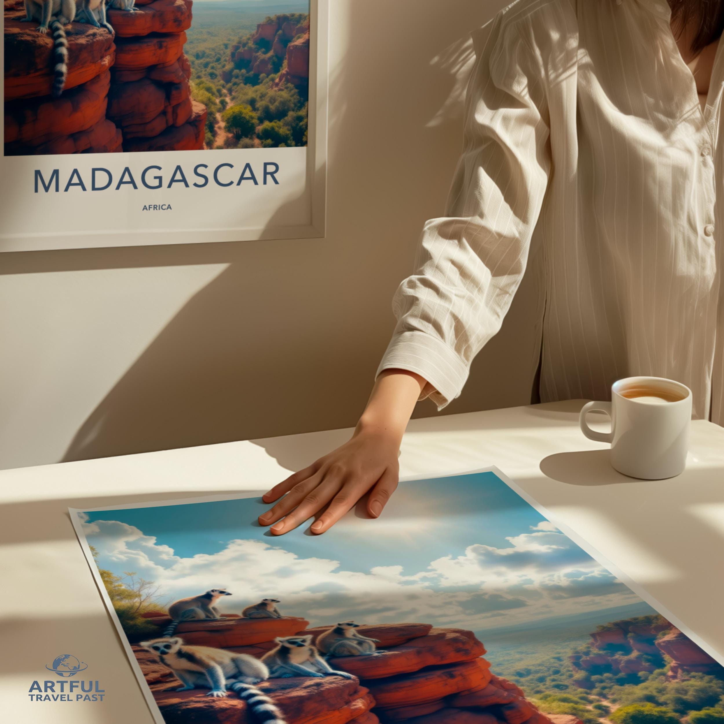 Madagascar Travel Poster, African Landscape Print, Nature Wall Art, Lemur Wildlife Illustration, Adventure Home Decor, Scenic Artwork