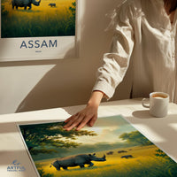 Assam India Wildlife Art Print, Rhino Landscape Wall Decor, Travel Poster, Nature Scene, Artful Travel Past, Gift for Wildlife Lovers