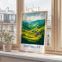 Ziro Valley India Travel Poster, Scenic Landscape Wall Art, Vibrant Nature Print, Perfect Gift for Home Decor, Artful Travel Display