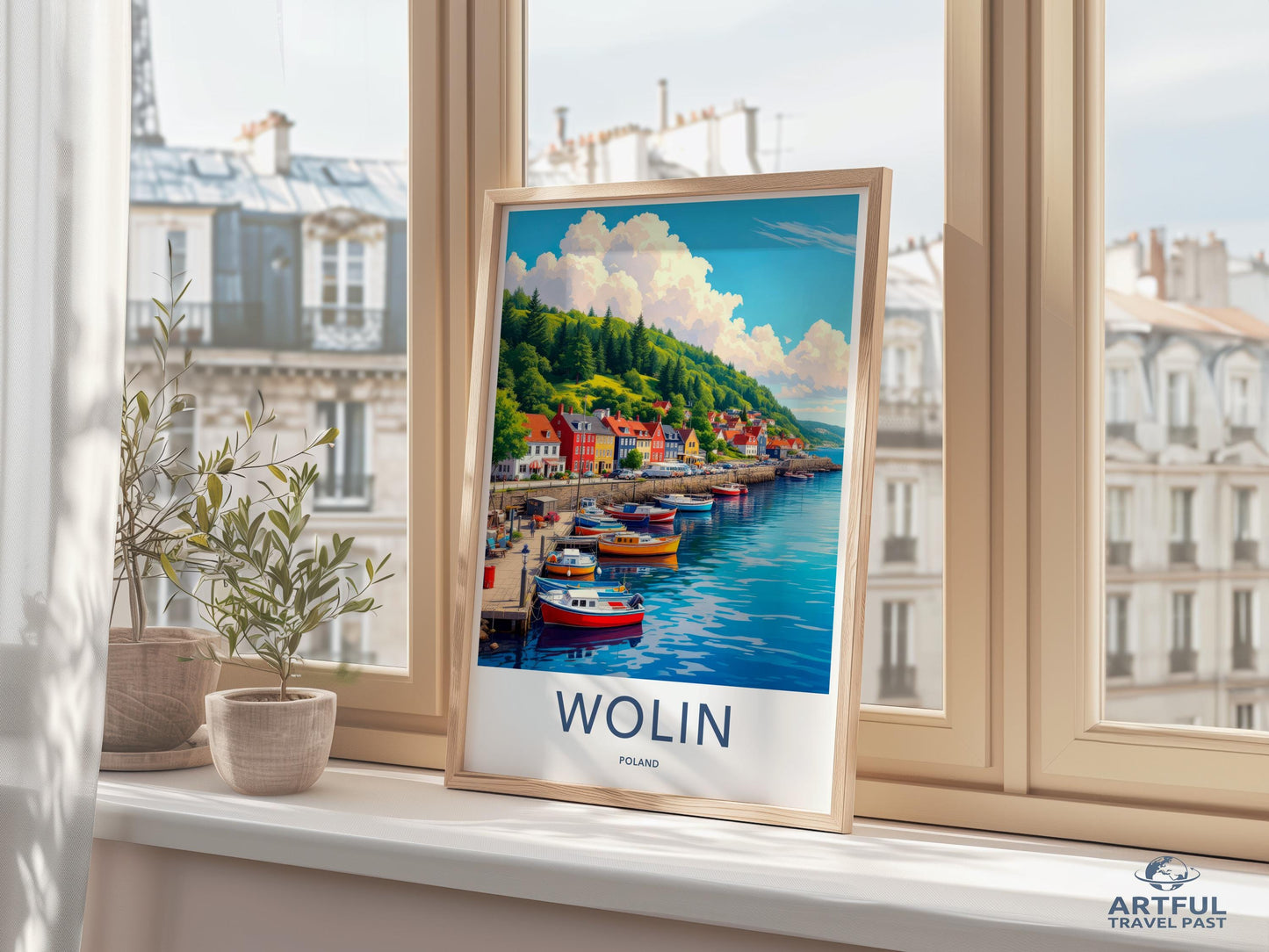 Vibrant Coastal Town Poster, Travel Print of Wolin Poland, Colorful Wall Art, European Seaside Decor, Nautical Harbor Scene