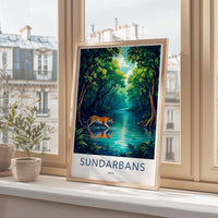 Sundarbans Travel Poster, Tiger in Forest Wall Art, Vibrant Jungle Scenery Print, Nature Lover Gift, Wildlife Decor