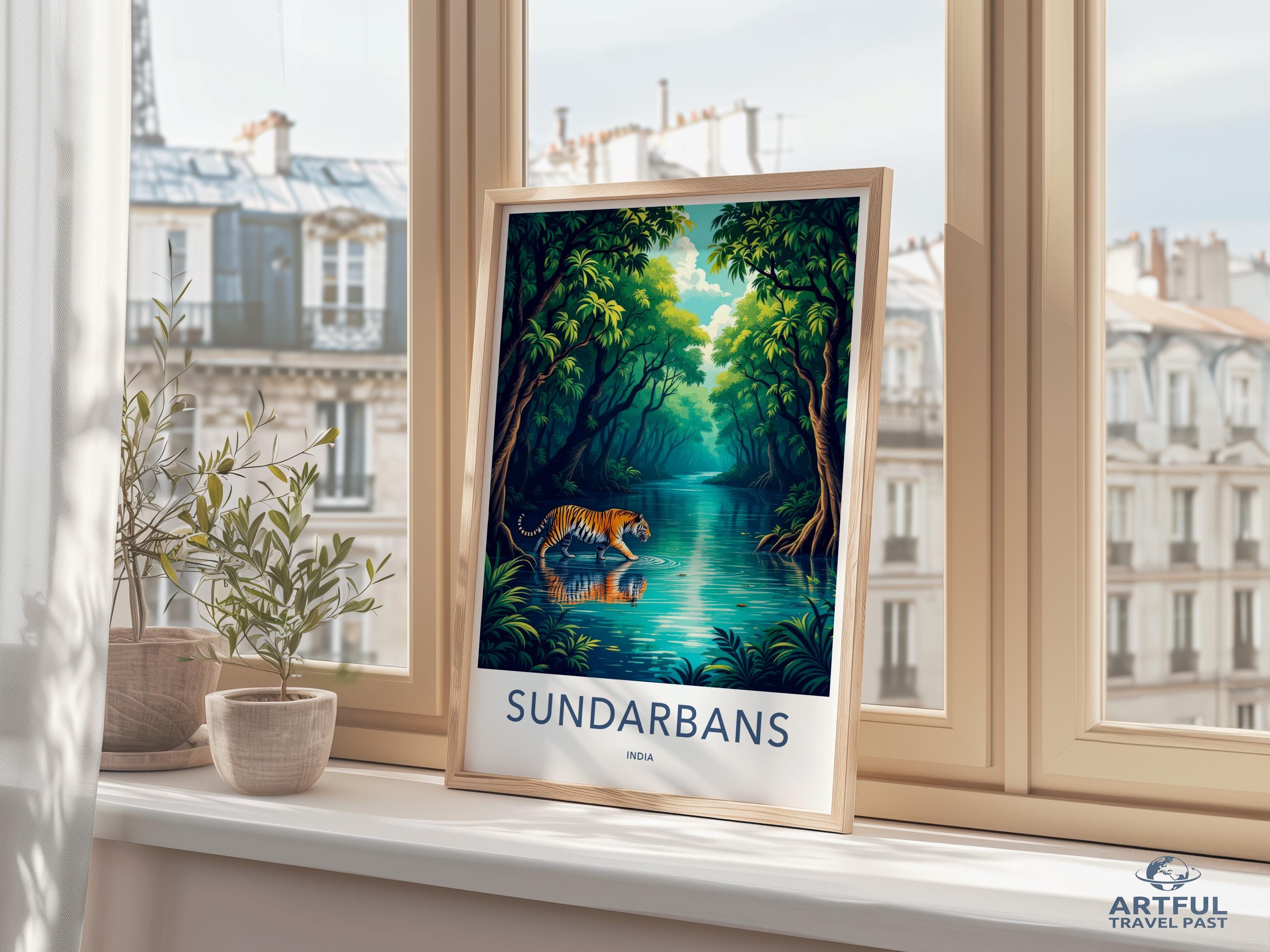 Sundarbans Travel Poster, Tiger in Forest Wall Art, Vibrant Jungle Scenery Print, Nature Lover Gift, Wildlife Decor