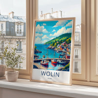 Wolin coastal village travel poster, nautical home decor, vintage style wall art, scenic ocean print, colorful landscape artwork