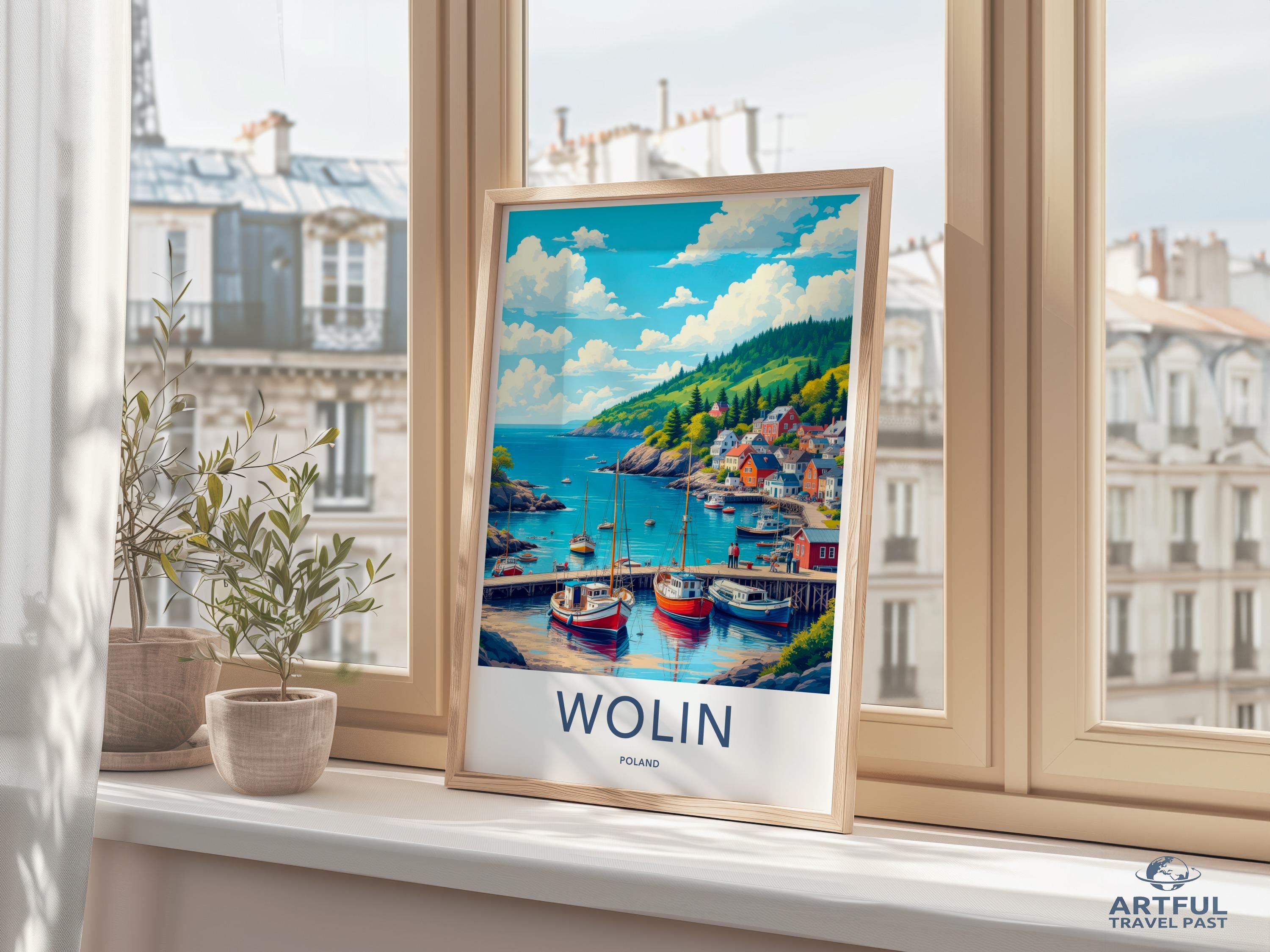 Wolin coastal village travel poster, nautical home decor, vintage style wall art, scenic ocean print, colorful landscape artwork