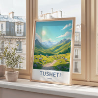 Tusheti Travel Poster, Scenic Georgia Landscape Print, Mountain Range Art, Sunlit Valley Decor, Nature Illustration, Wall Art