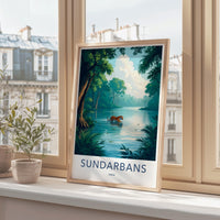 Sundarbans travel poster, Vibrant nature wall art, National park print, Wildlife decor, Jungle river illustration, Adventure gift