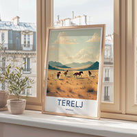 Vintage Terelj Mongolia Travel Poster, Retro Landscape Wall Art, Scenic Horse Riding Print, Nostalgic Travel decor