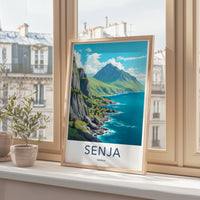 Senja Norway Travel Poster, Vibrant Mountain and Ocean Landscape Art Print, Scenic Coastal Wall Decor, Nature Canvas Wall Art